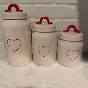 Rae Dunn White Canister Set with Red Heart Accents